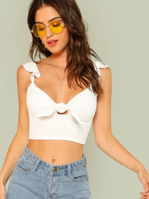 Knotted Self-Tie Ruffled Crop Top