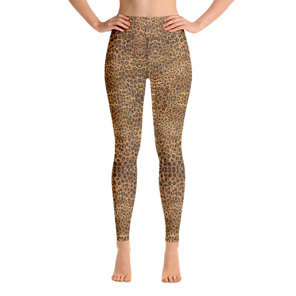 Leopard Women's Yoga Leggings, Brown Animal Print Long Tights-Made in USA/EU