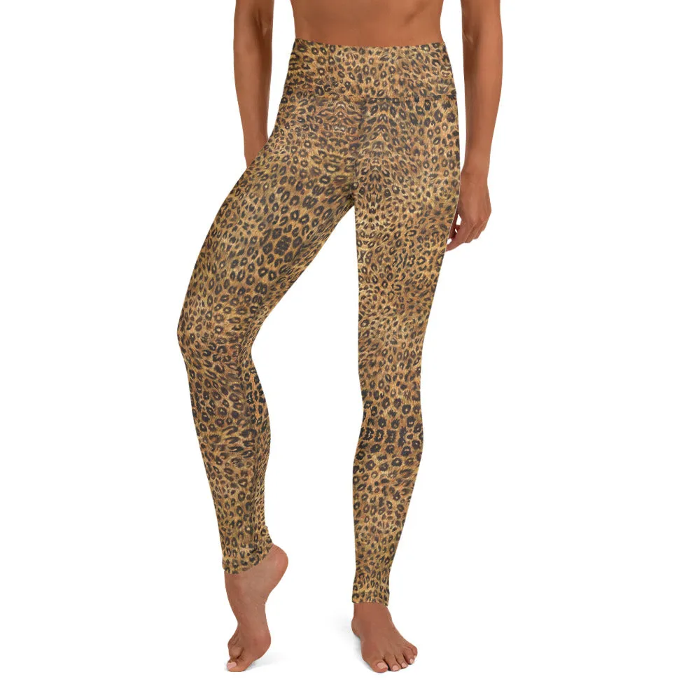 Leopard Women's Yoga Leggings, Brown Animal Print Long Tights-Made in USA/EU