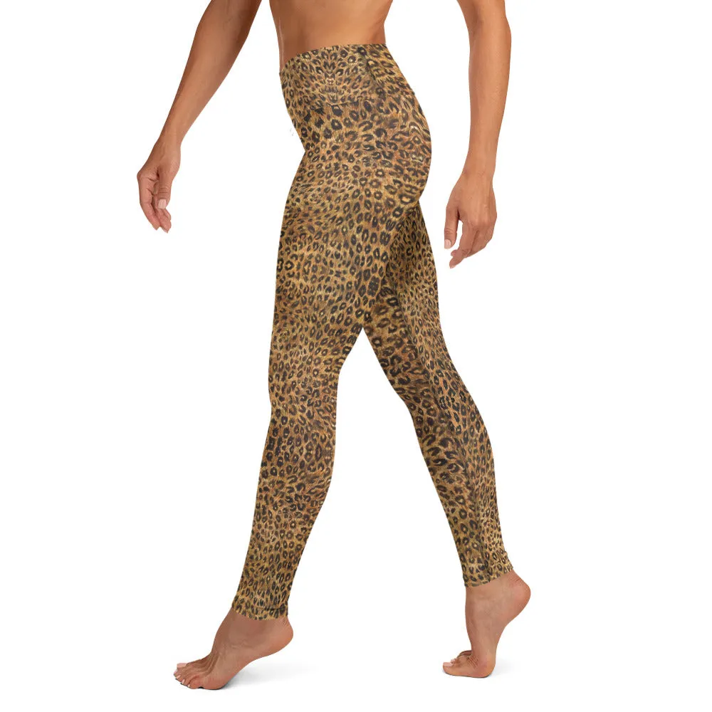 Leopard Women's Yoga Leggings, Brown Animal Print Long Tights-Made in USA/EU