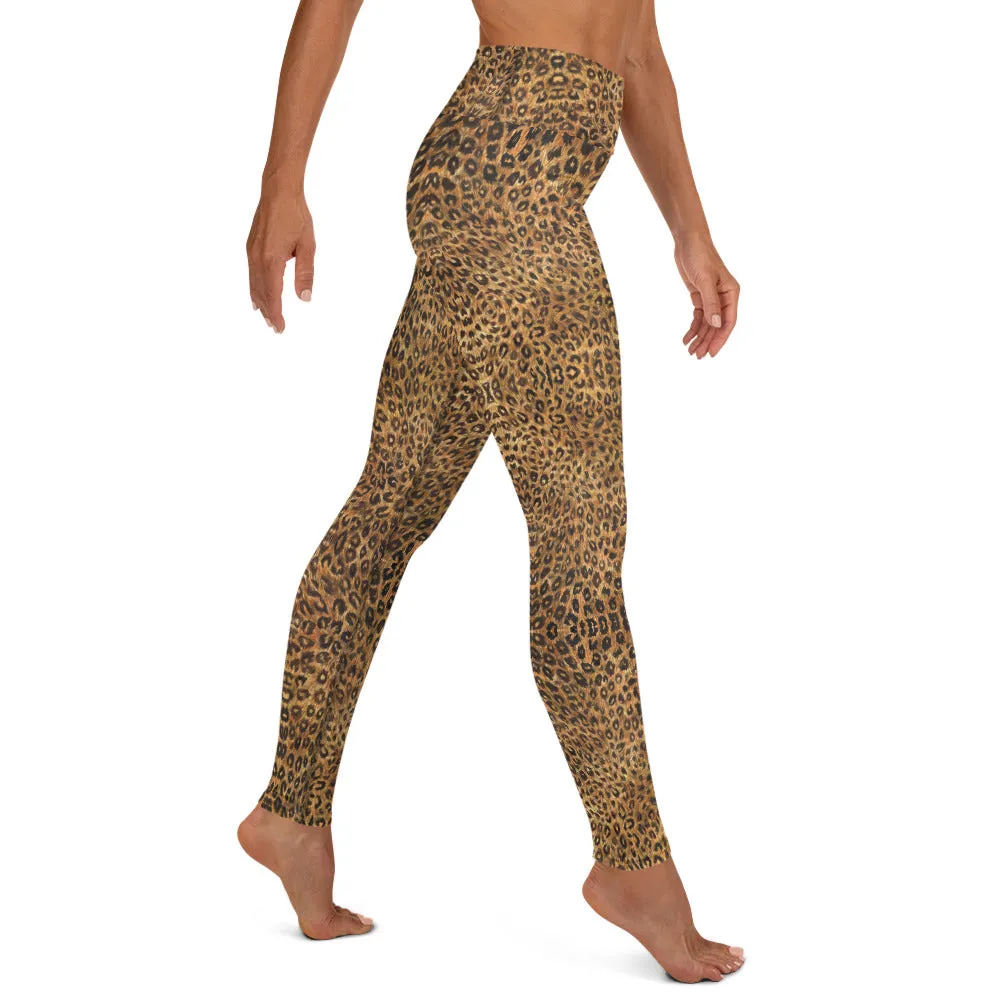 Leopard Women's Yoga Leggings, Brown Animal Print Long Tights-Made in USA/EU