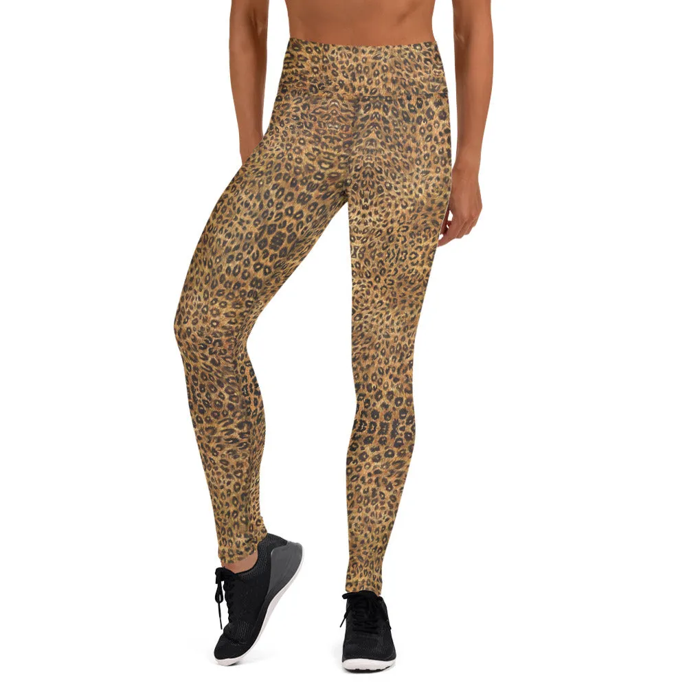 Leopard Women's Yoga Leggings, Brown Animal Print Long Tights-Made in USA/EU