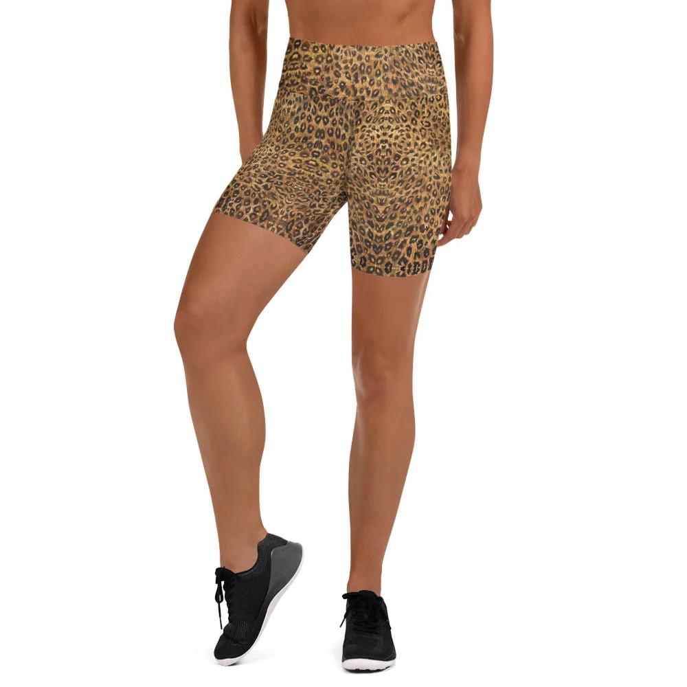 Leopard Women's Yoga Shorts, Animal Print Brown High Waist Tights-Made in USA/EU