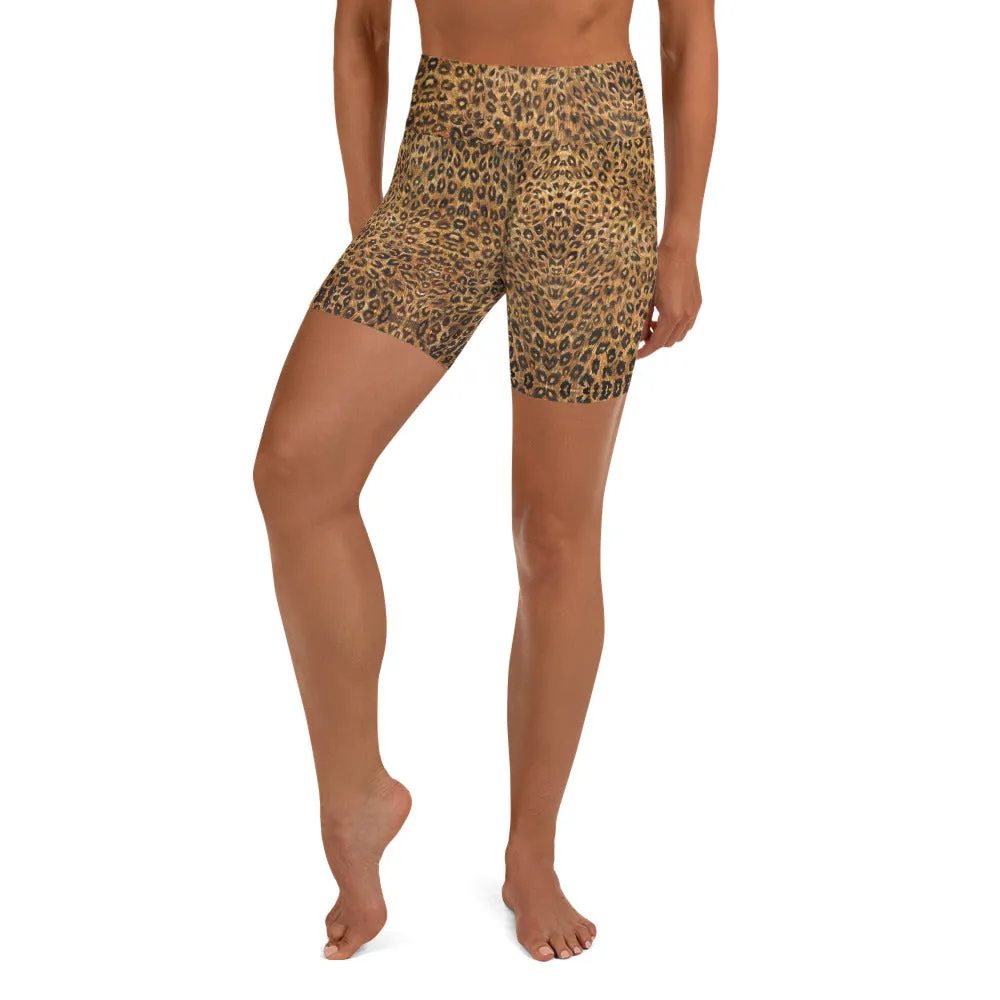 Leopard Women's Yoga Shorts, Animal Print Brown High Waist Tights-Made in USA/EU