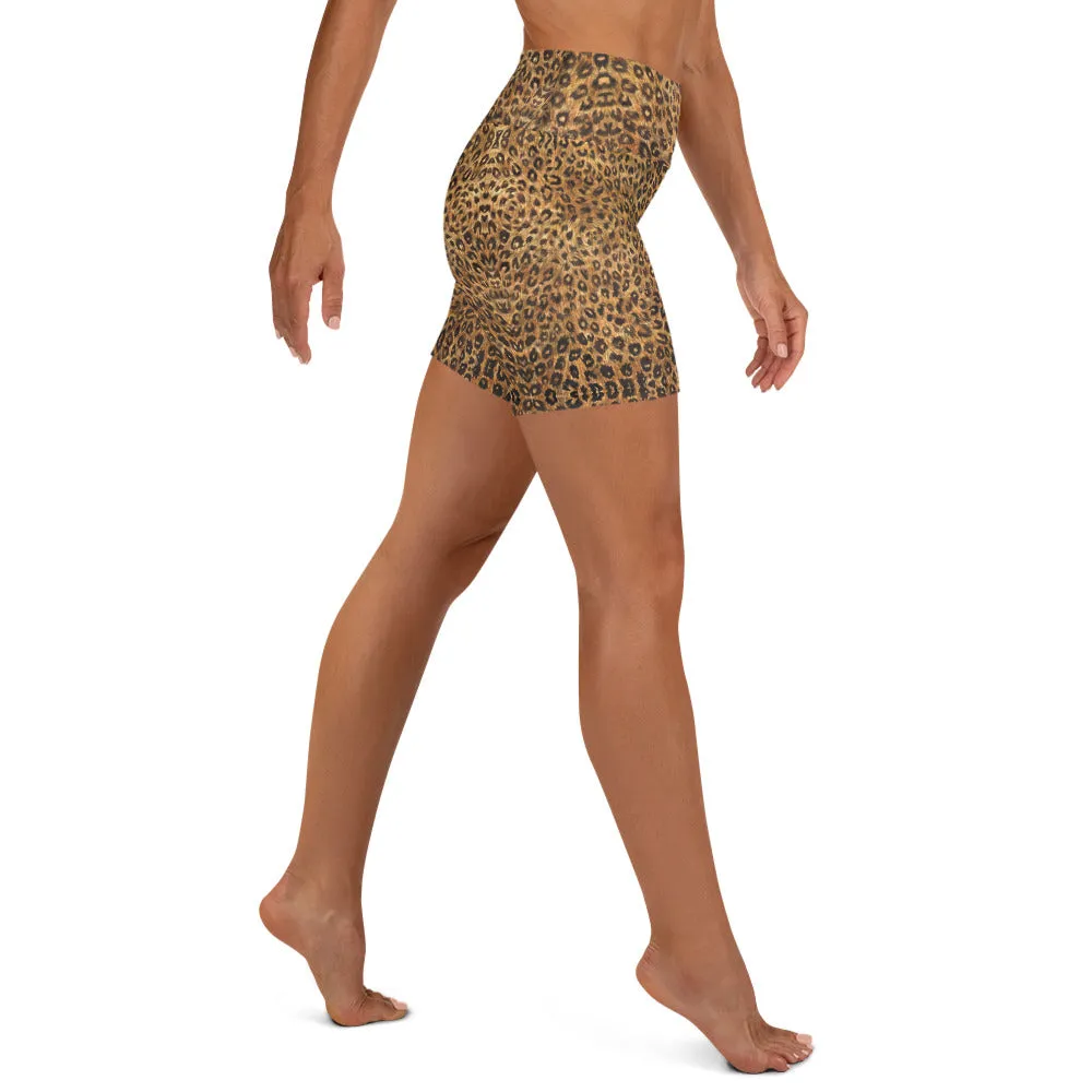 Leopard Women's Yoga Shorts, Animal Print Brown High Waist Tights-Made in USA/EU