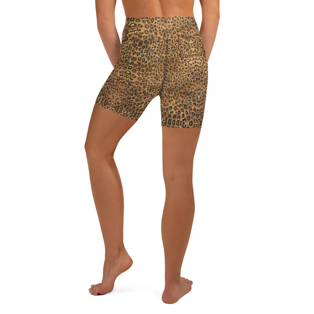 Leopard Women's Yoga Shorts, Animal Print Brown High Waist Tights-Made in USA/EU