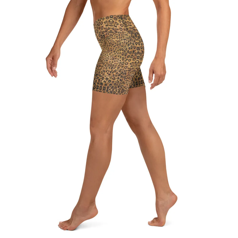 Leopard Women's Yoga Shorts, Animal Print Brown High Waist Tights-Made in USA/EU