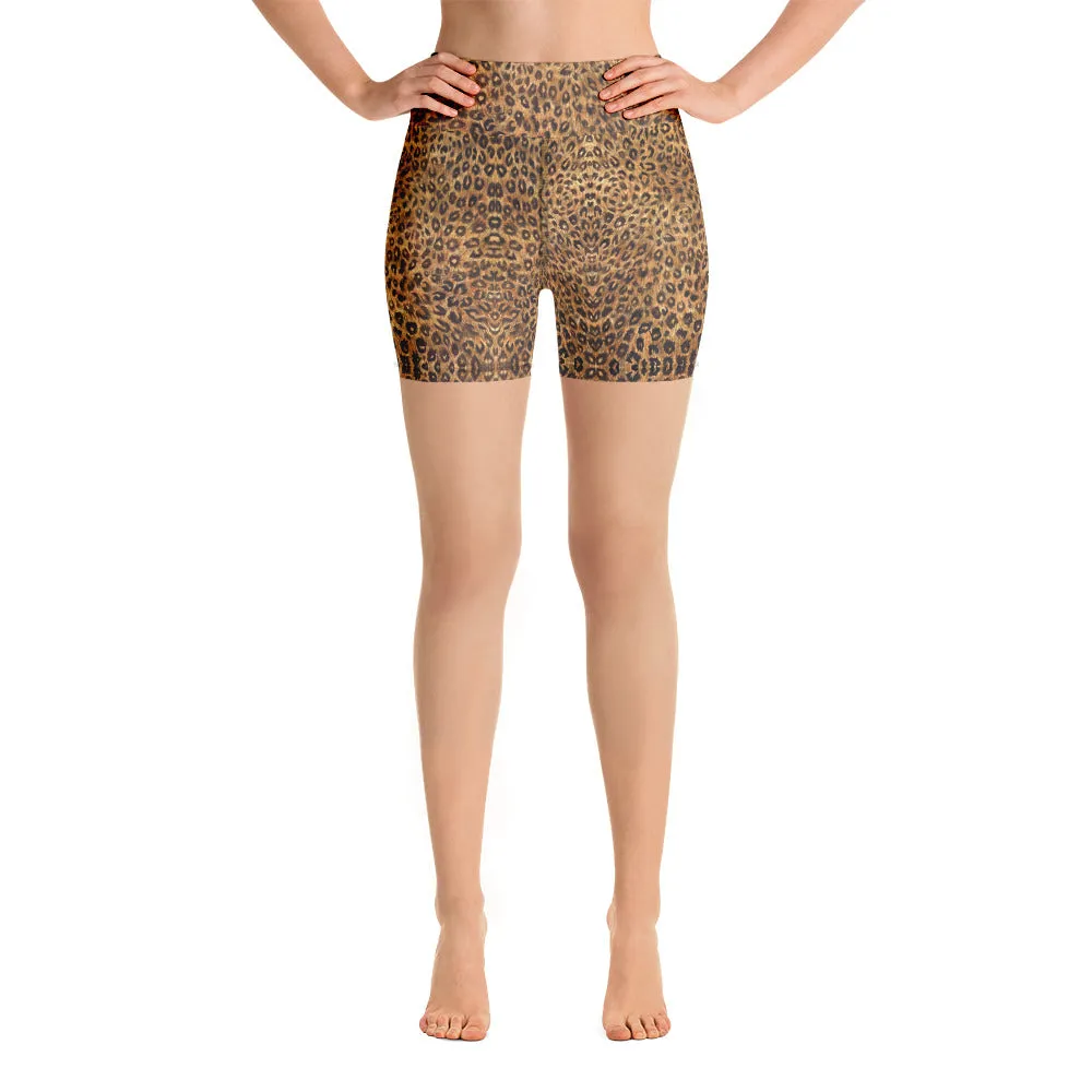 Leopard Women's Yoga Shorts, Animal Print Brown High Waist Tights-Made in USA/EU