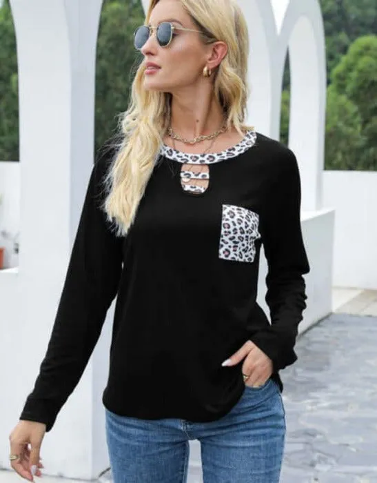 Long Sleeve Leopard Keyhole Top