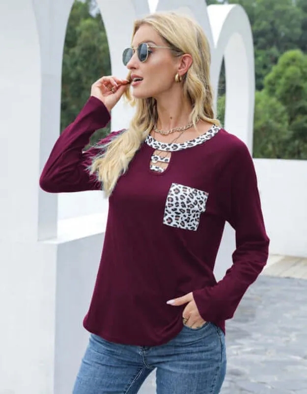 Long Sleeve Leopard Keyhole Top