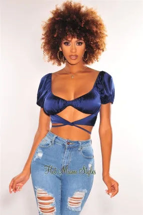 Navy Silky Knotted Cut Out Wrap Around Crop Top