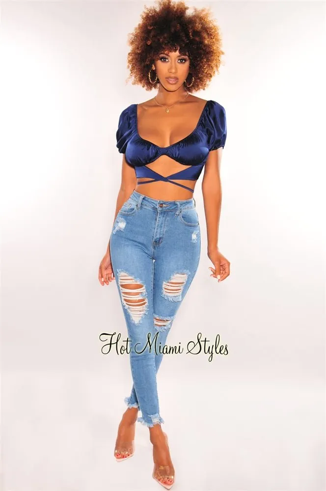 Navy Silky Knotted Cut Out Wrap Around Crop Top