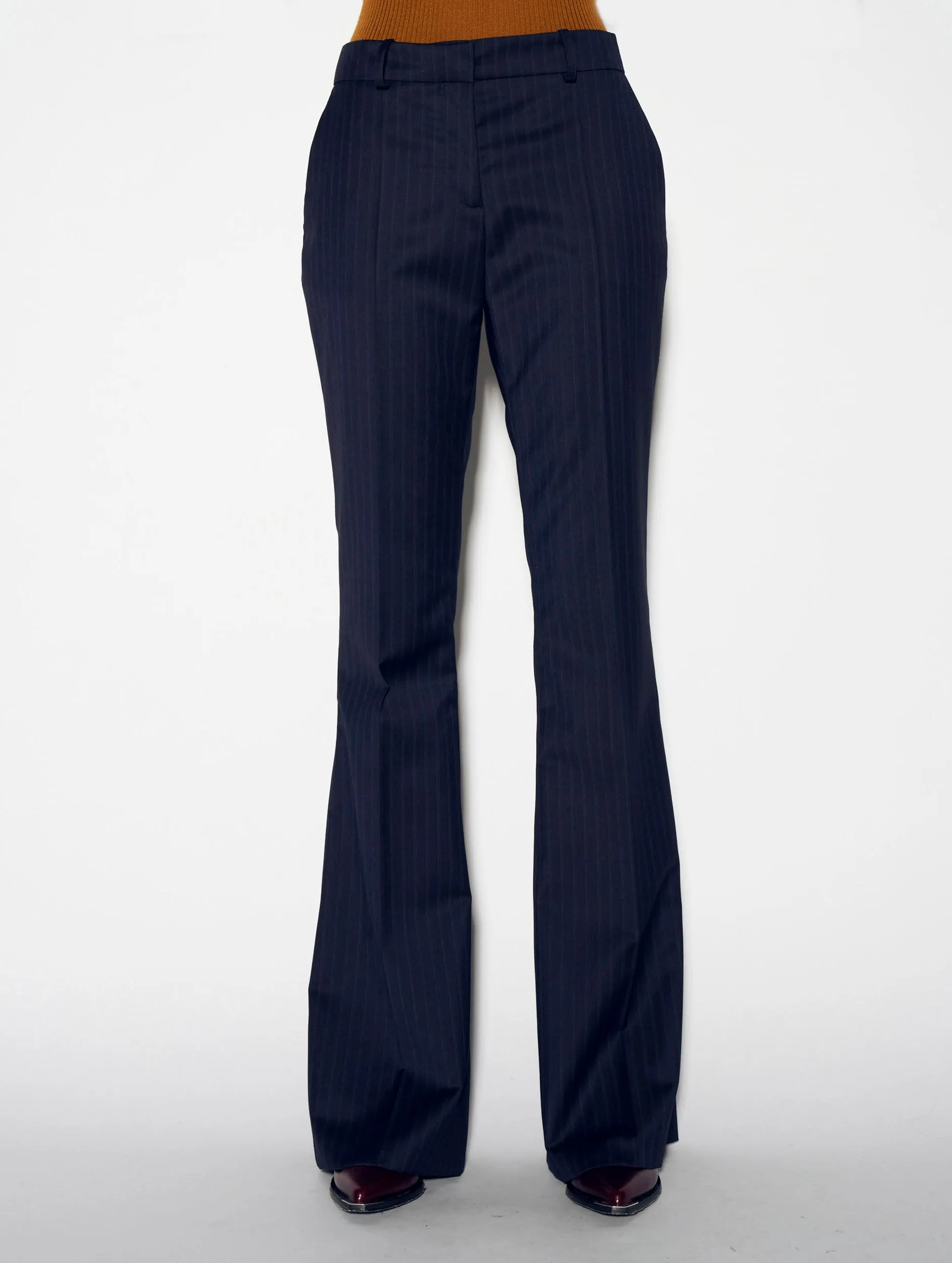 Navy striped wool flared suit trousers