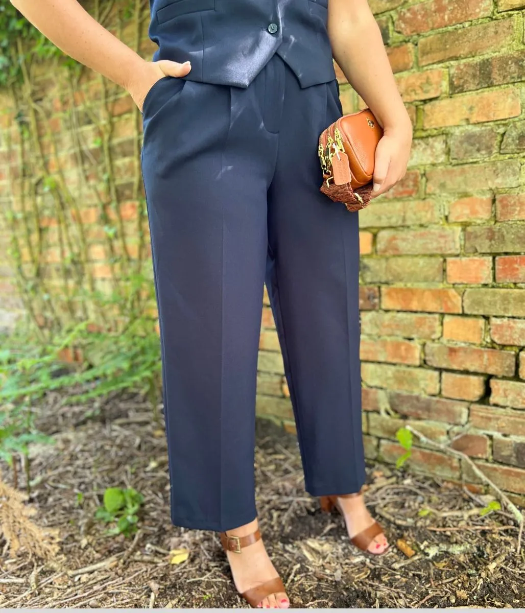 Navy Tailored Pleat Front Relaxed Trousers