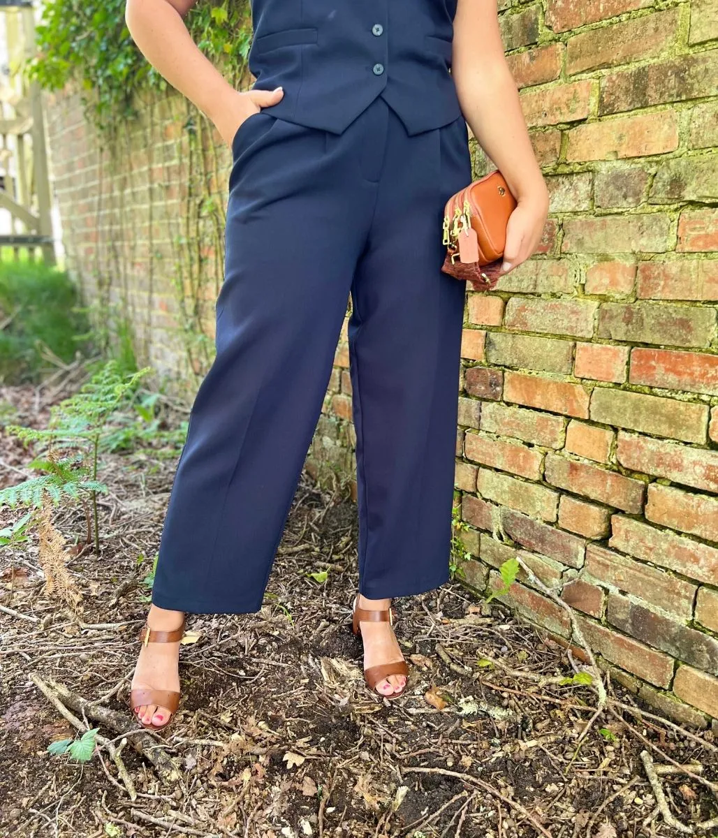 Navy Tailored Pleat Front Relaxed Trousers