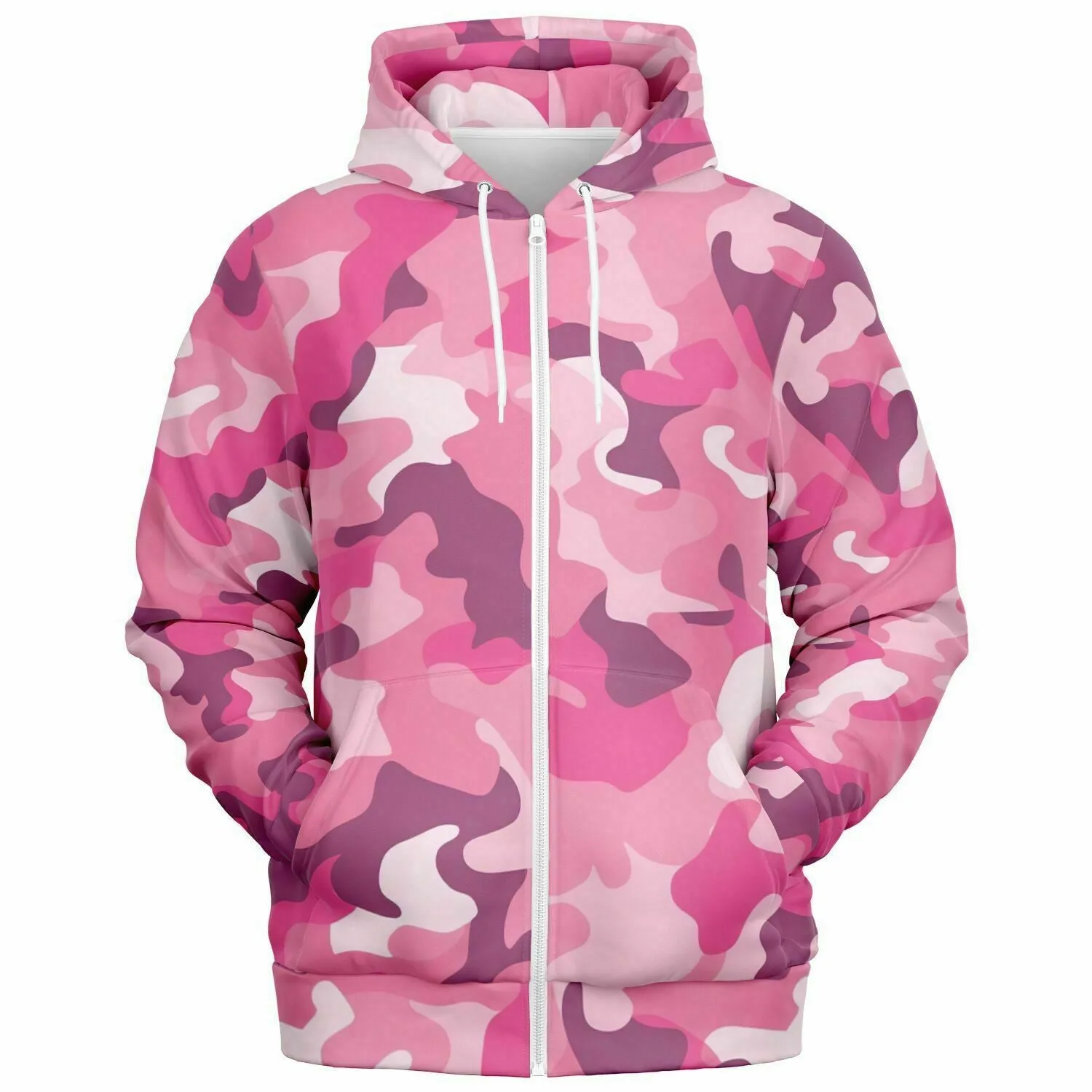 Pink Camo Zip Up Hoodie, Camouflage Full Zipper Pocket Men Women Unisex Adult Aesthetic Graphic Cotton Fleece Hooded Sweatshirt