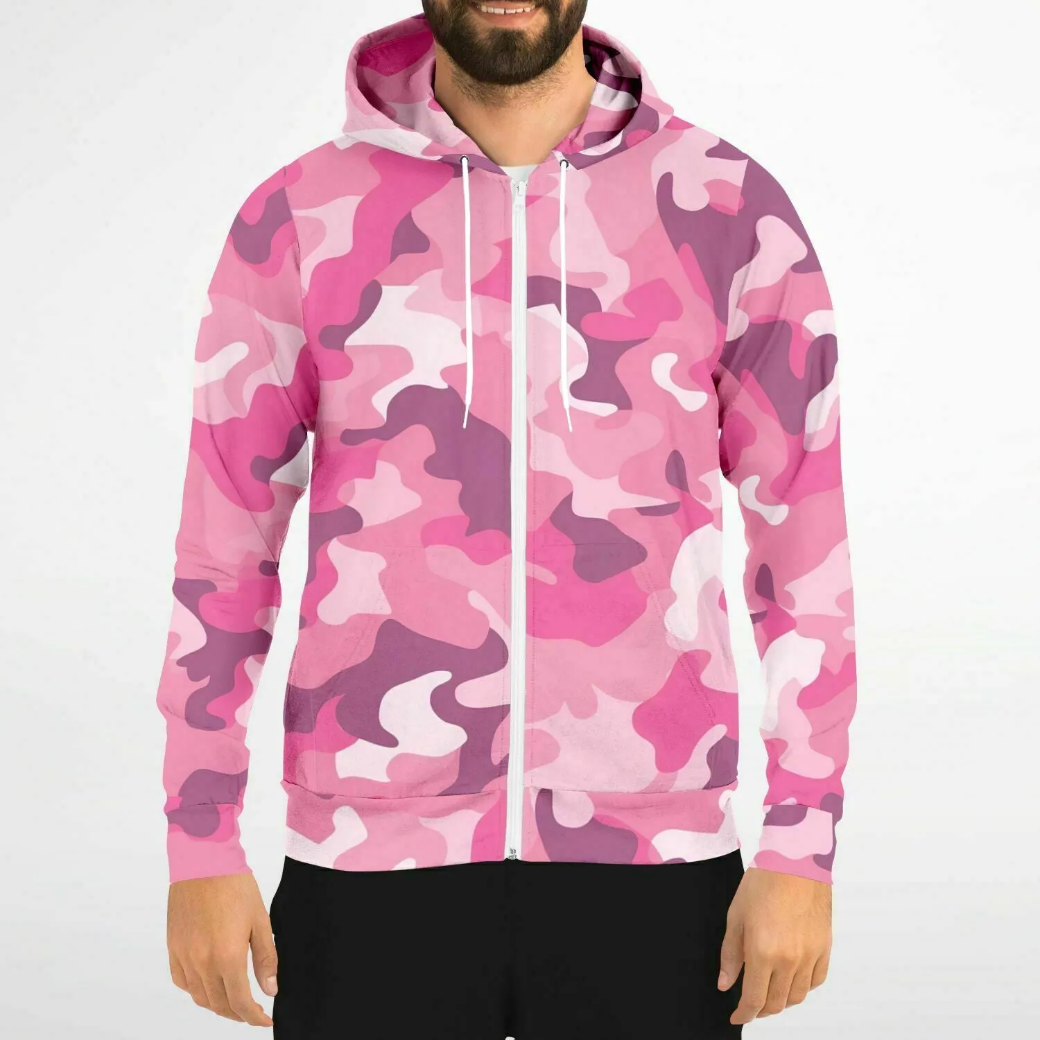 Pink Camo Zip Up Hoodie, Camouflage Full Zipper Pocket Men Women Unisex Adult Aesthetic Graphic Cotton Fleece Hooded Sweatshirt