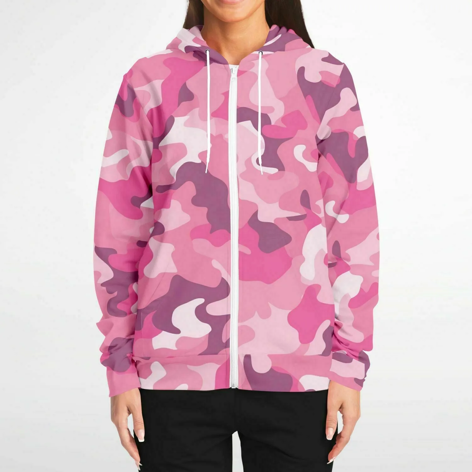 Pink Camo Zip Up Hoodie, Camouflage Full Zipper Pocket Men Women Unisex Adult Aesthetic Graphic Cotton Fleece Hooded Sweatshirt