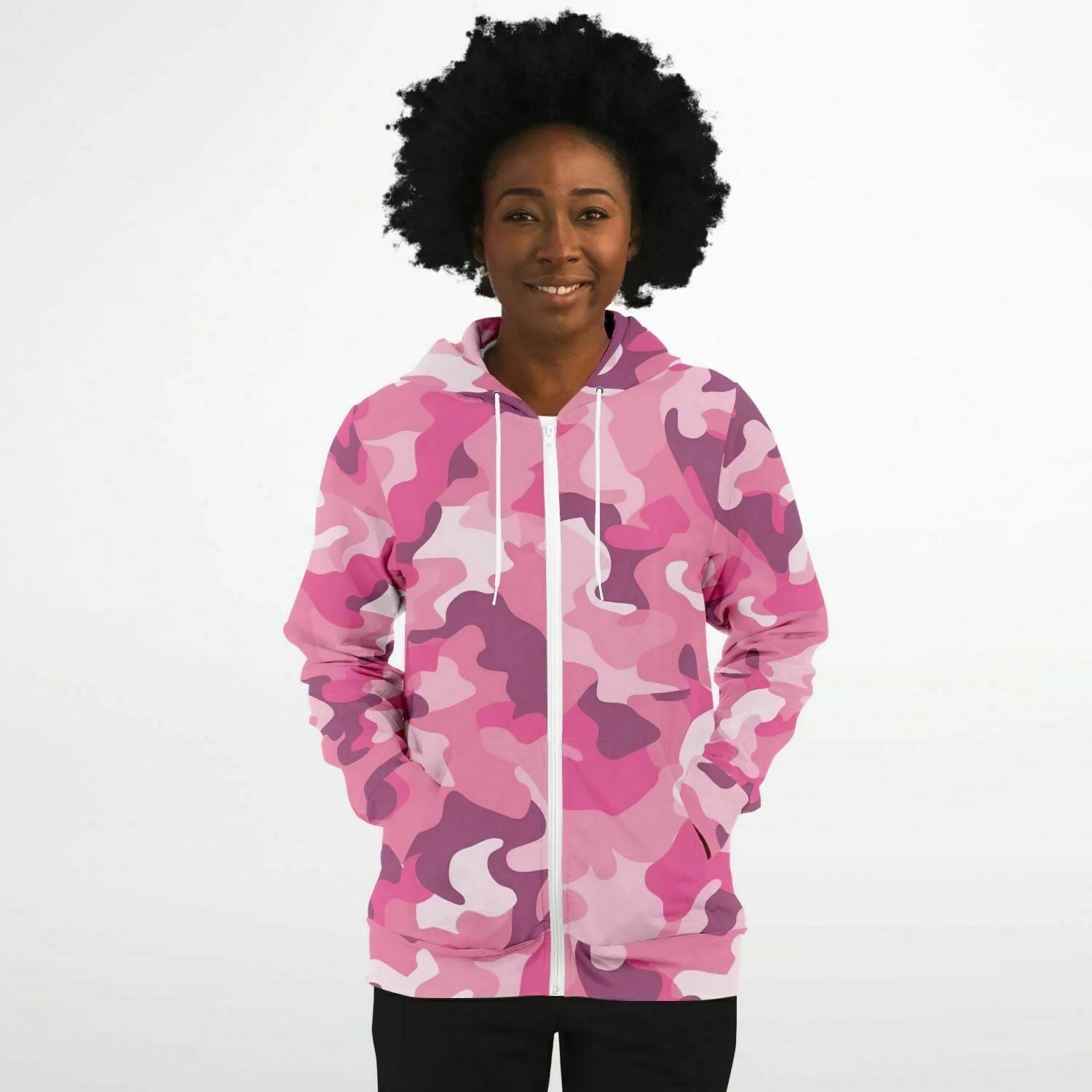 Pink Camo Zip Up Hoodie, Camouflage Full Zipper Pocket Men Women Unisex Adult Aesthetic Graphic Cotton Fleece Hooded Sweatshirt