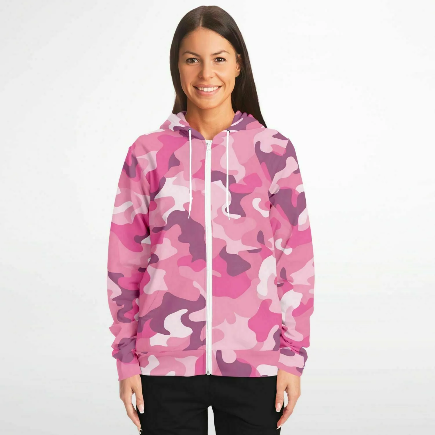 Pink Camo Zip Up Hoodie, Camouflage Full Zipper Pocket Men Women Unisex Adult Aesthetic Graphic Cotton Fleece Hooded Sweatshirt