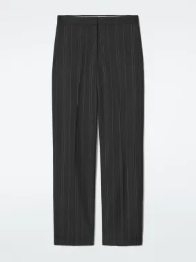 Pinstriped tailored barrel-leg trousers