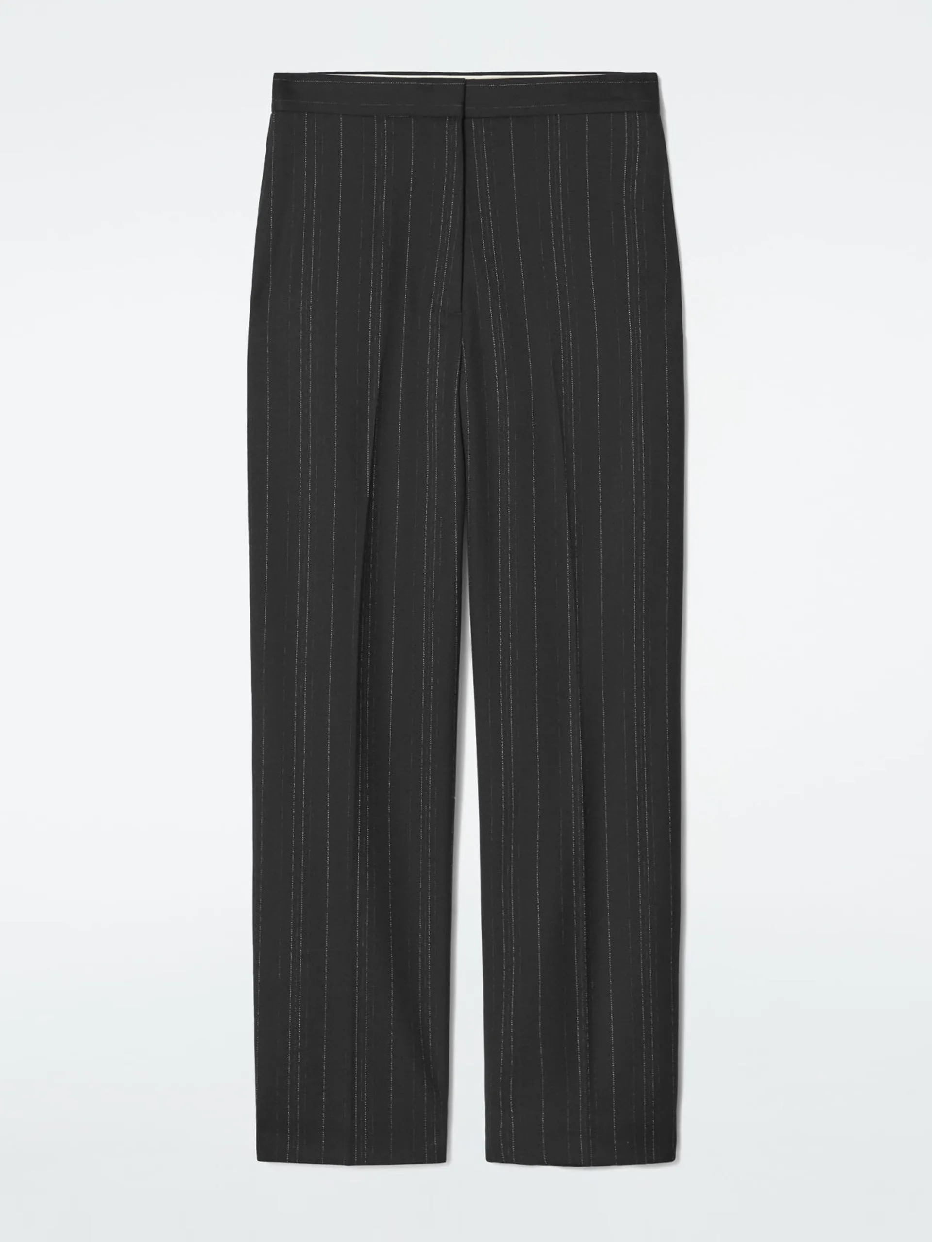 Pinstriped tailored barrel-leg trousers