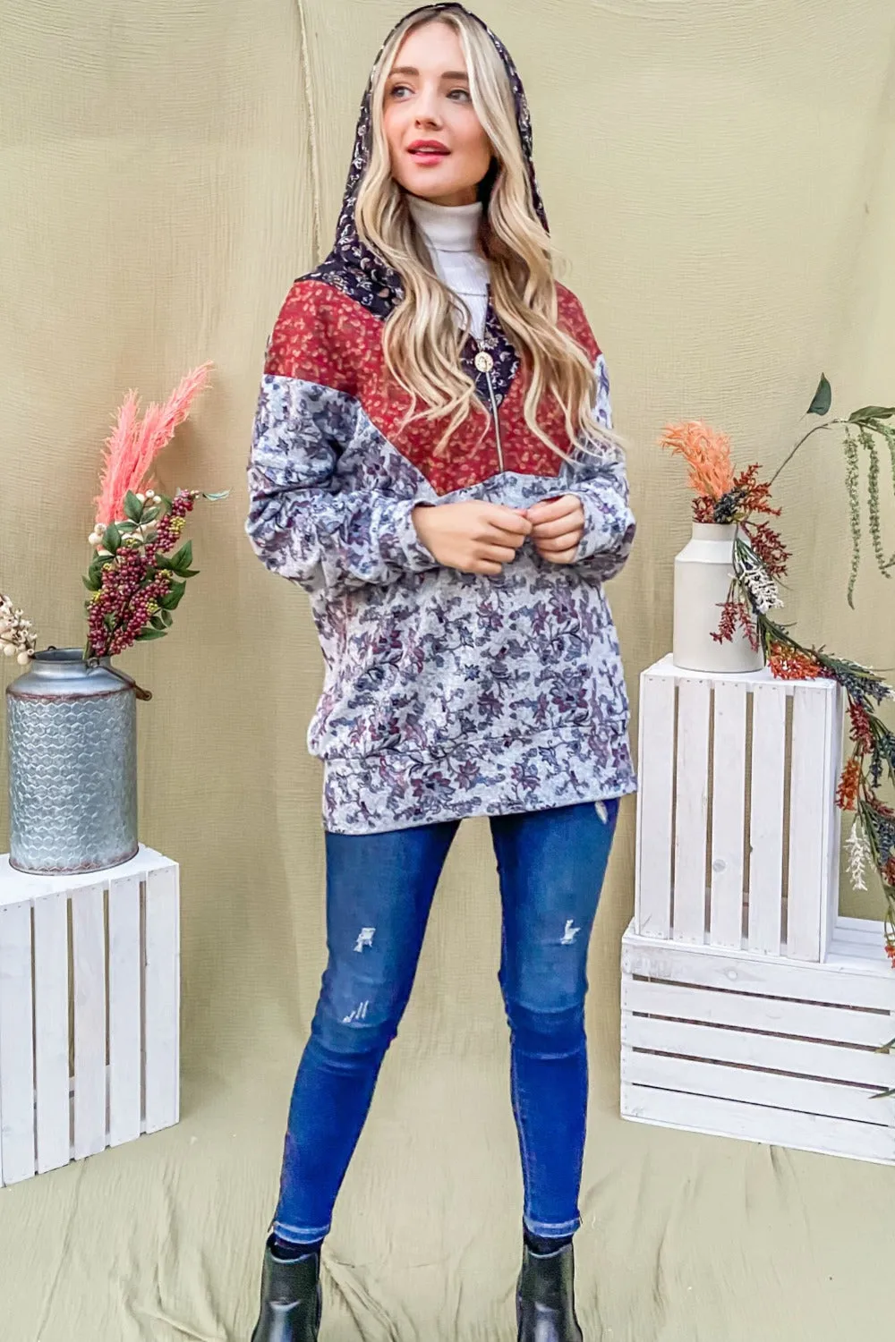 Printed Half Zip Up Long Sleeve Hoodie