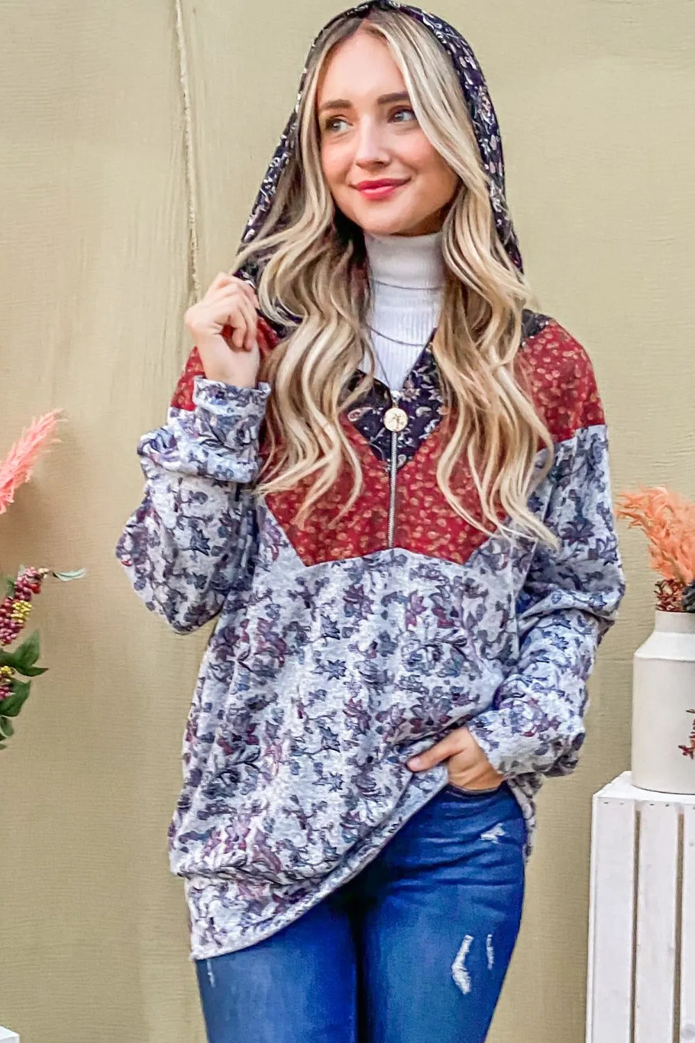 Printed Half Zip Up Long Sleeve Hoodie