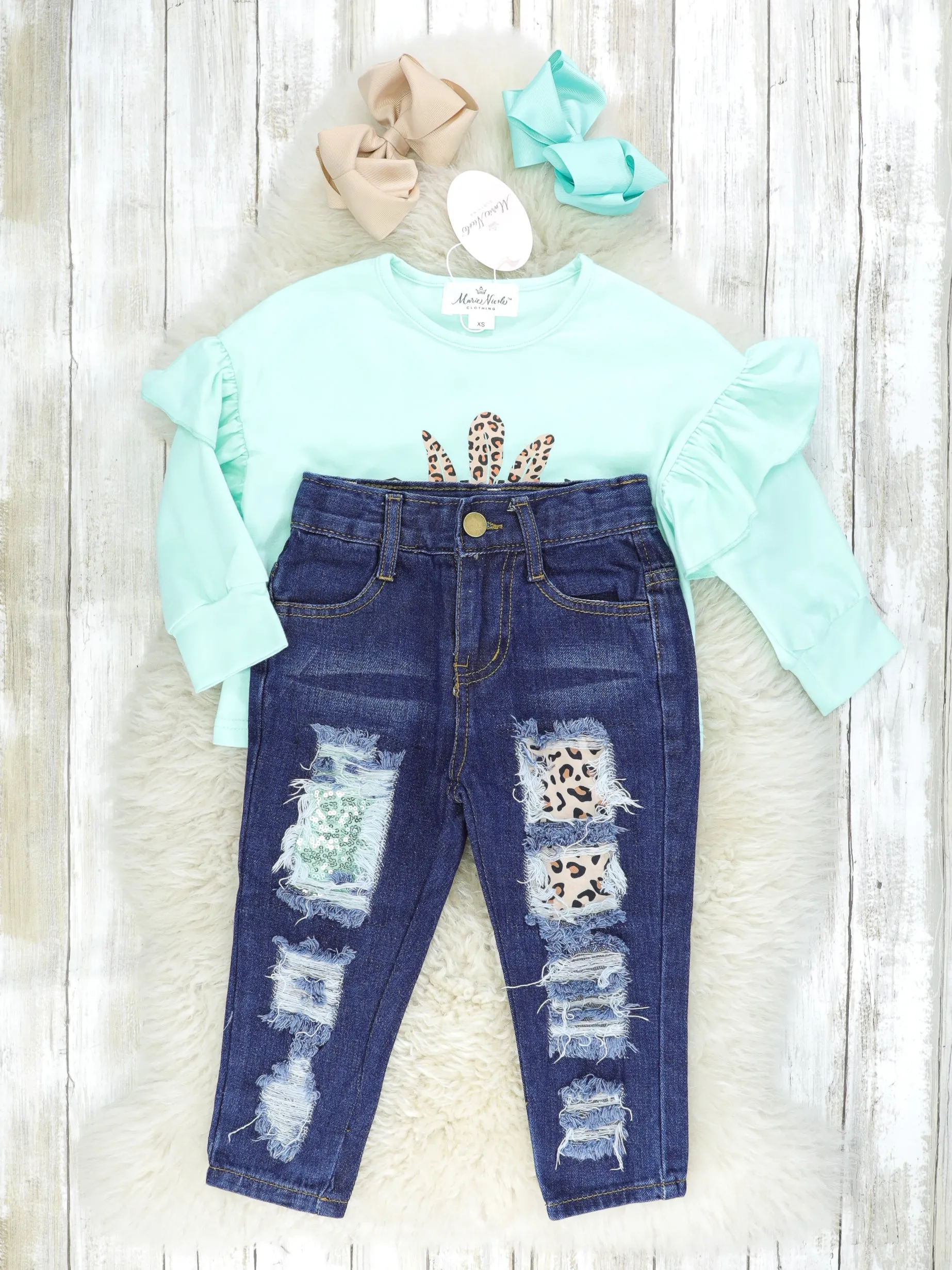 "Stay Wild" Leopard Ruffle Top & Distressed Sequin Denim Outfit