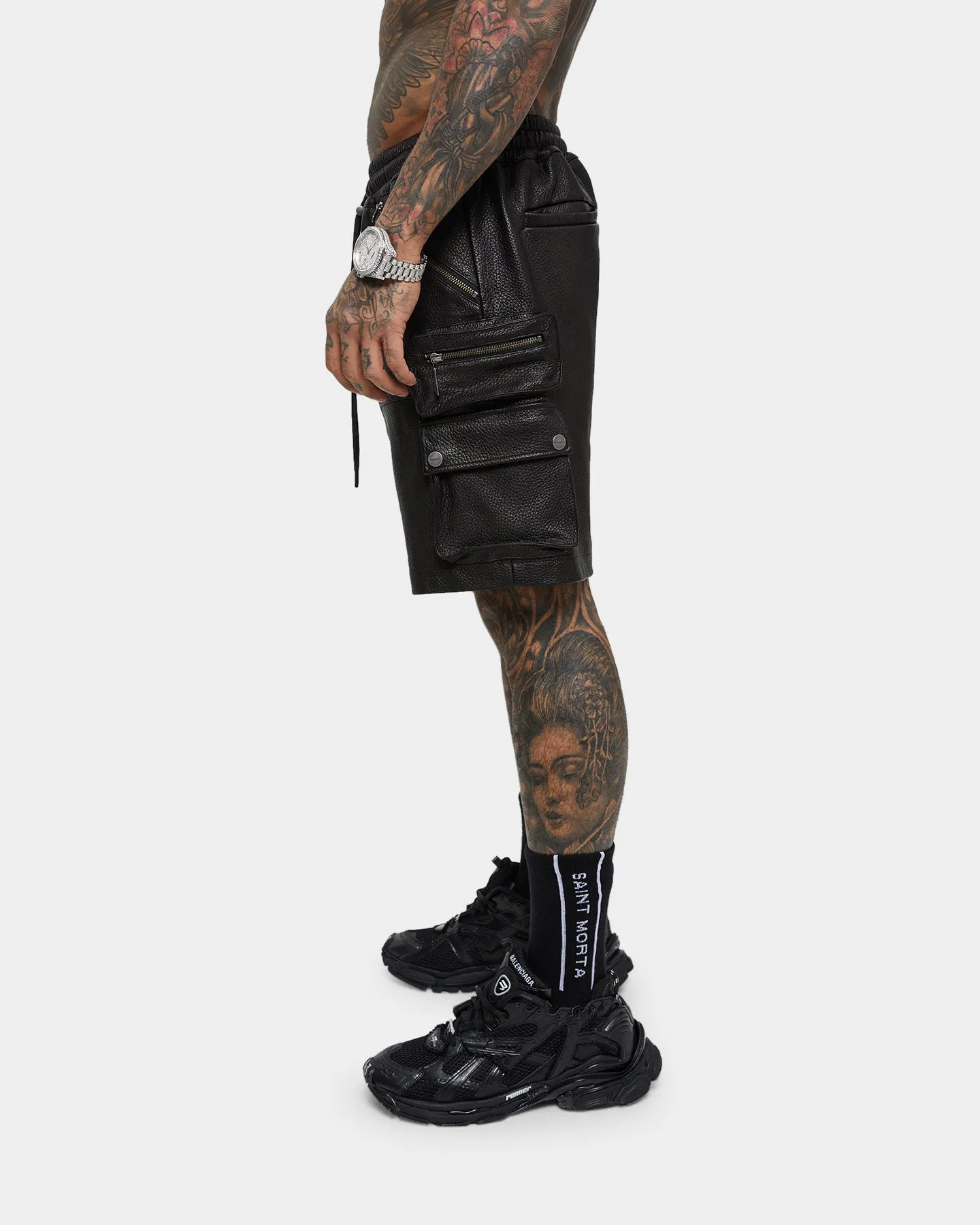 Saint Morta Leather Cargo Shorts Black