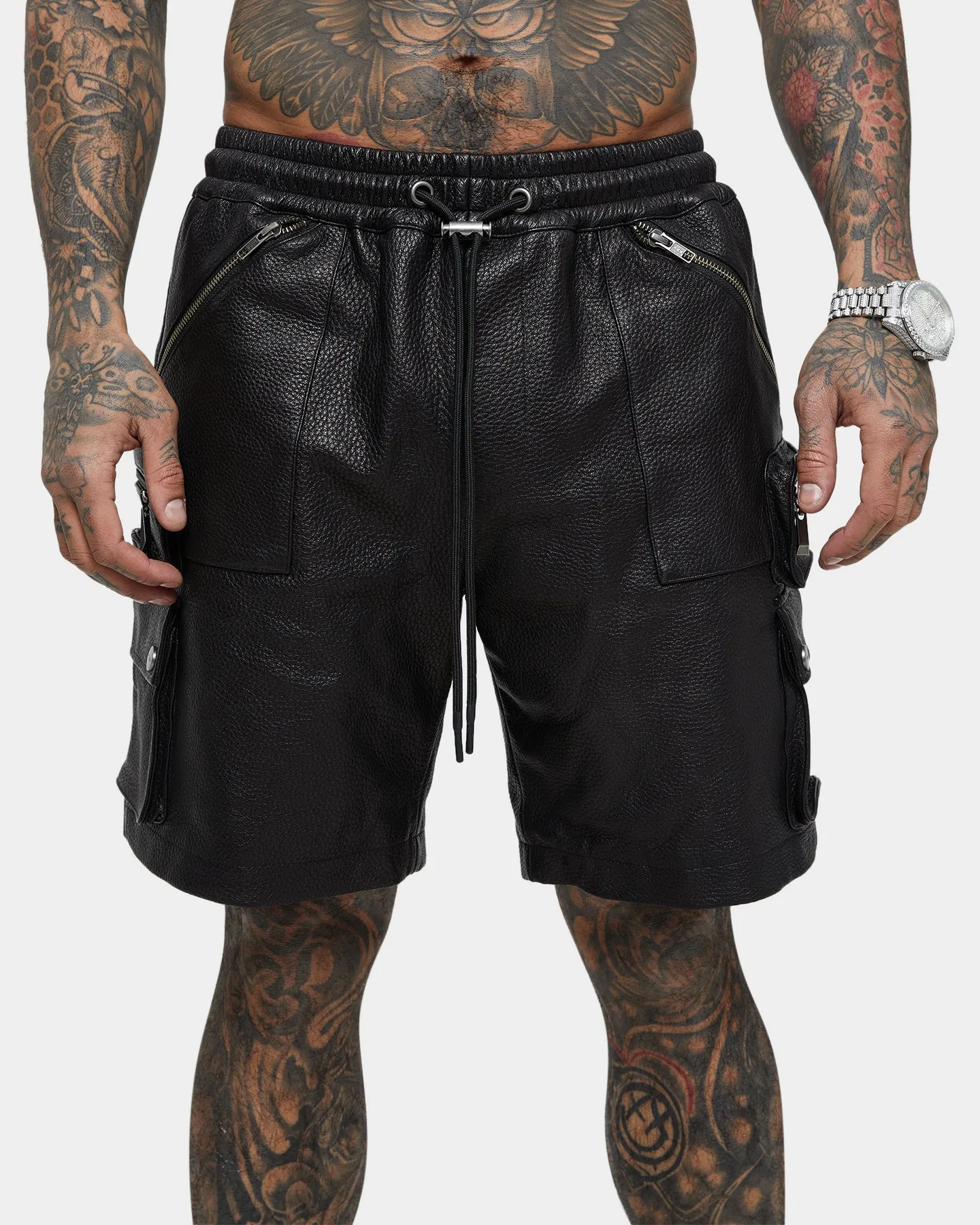 Saint Morta Leather Cargo Shorts Black