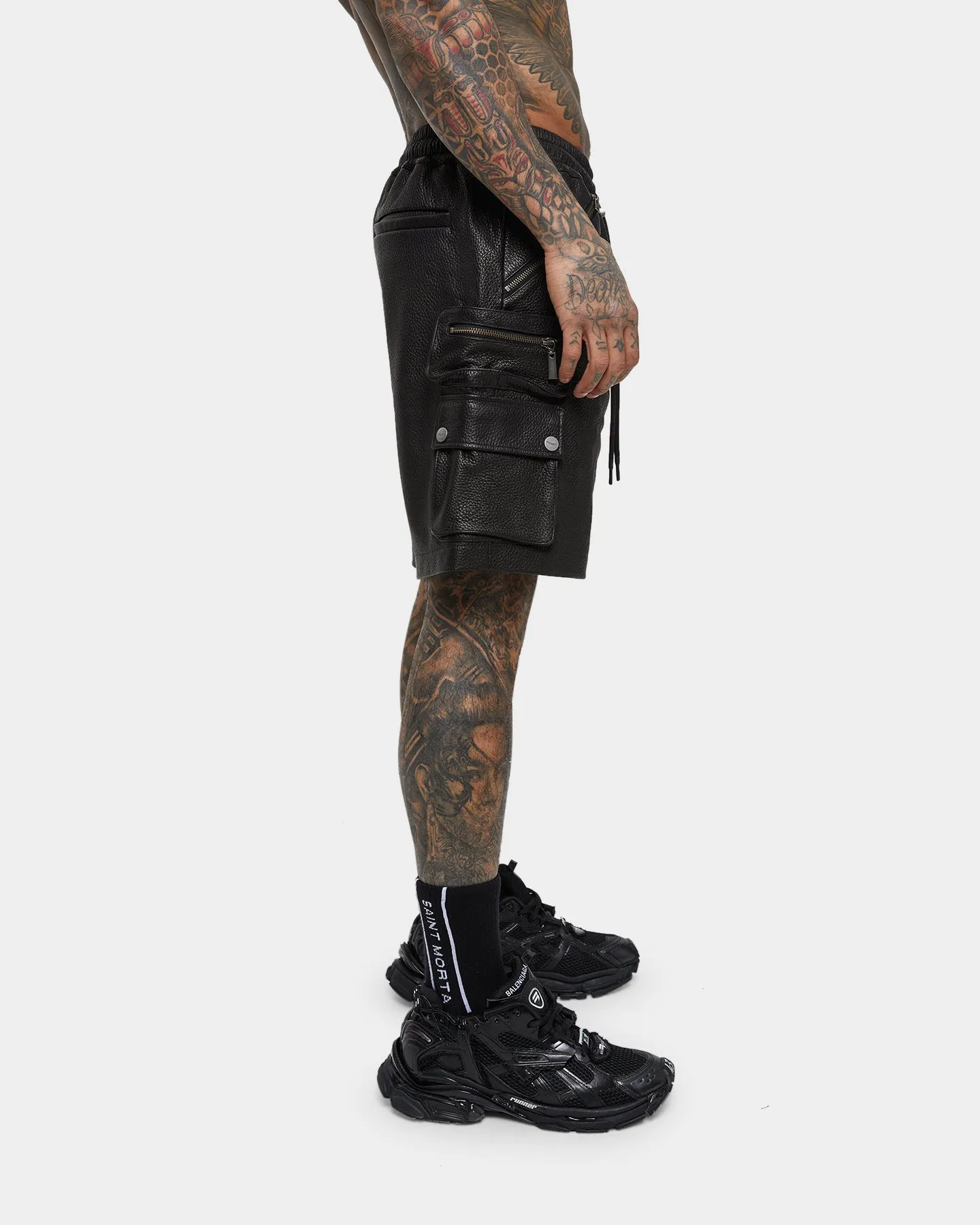 Saint Morta Leather Cargo Shorts Black