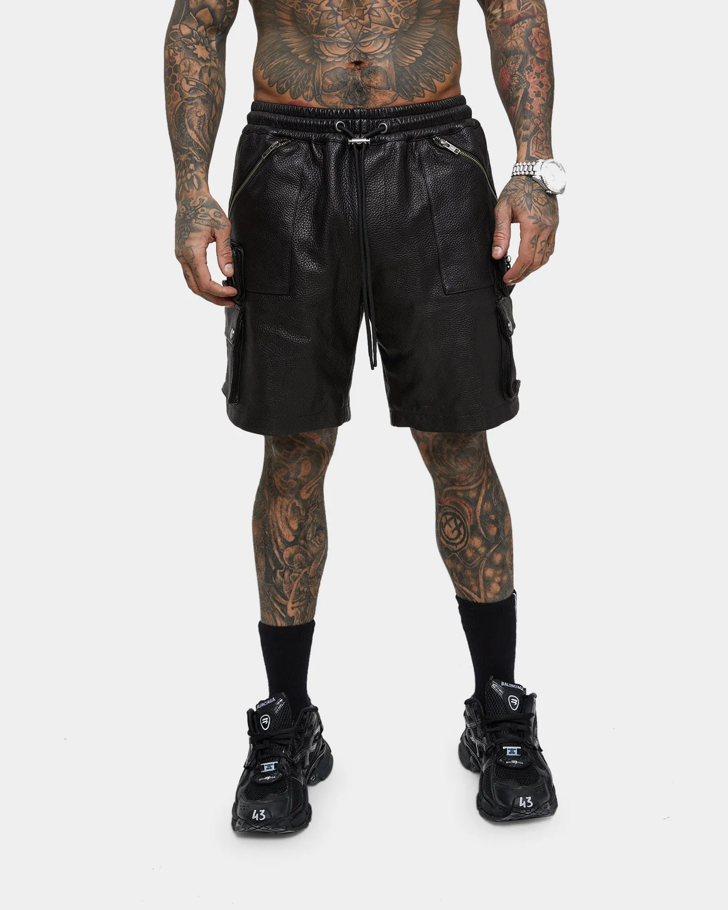 Saint Morta Leather Cargo Shorts Black