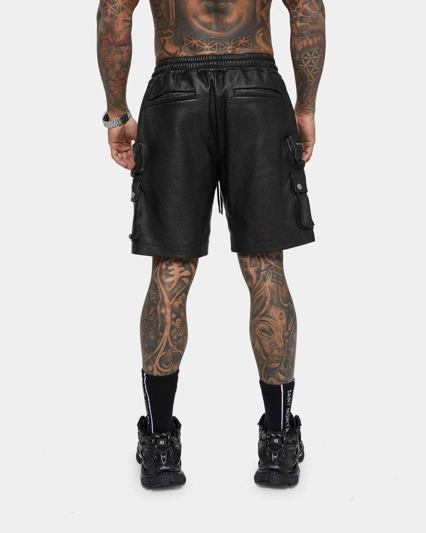 Saint Morta Leather Cargo Shorts Black