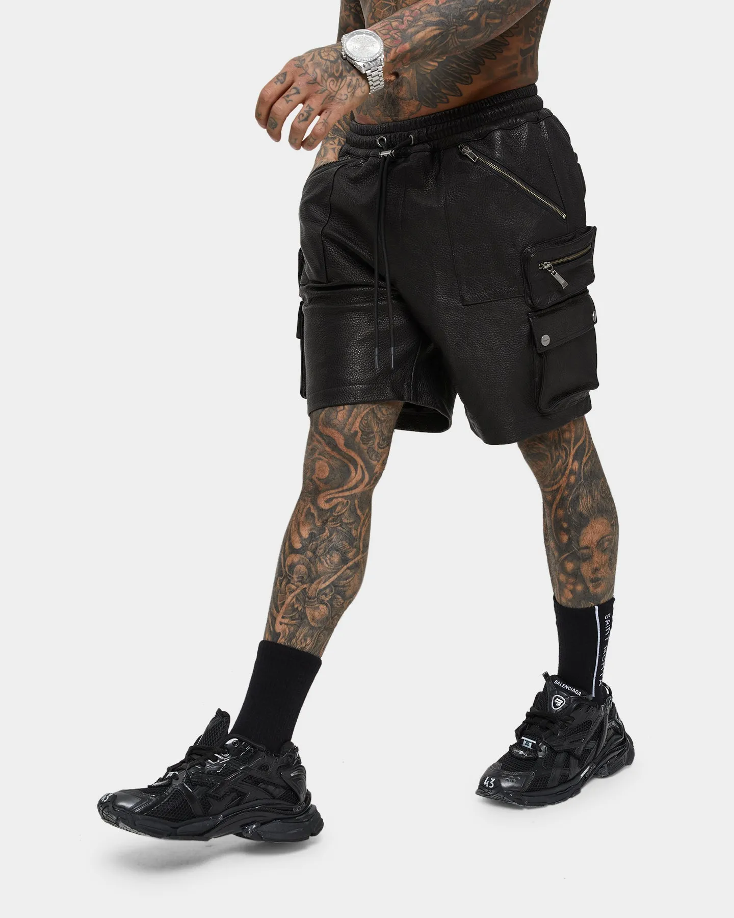 Saint Morta Leather Cargo Shorts Black