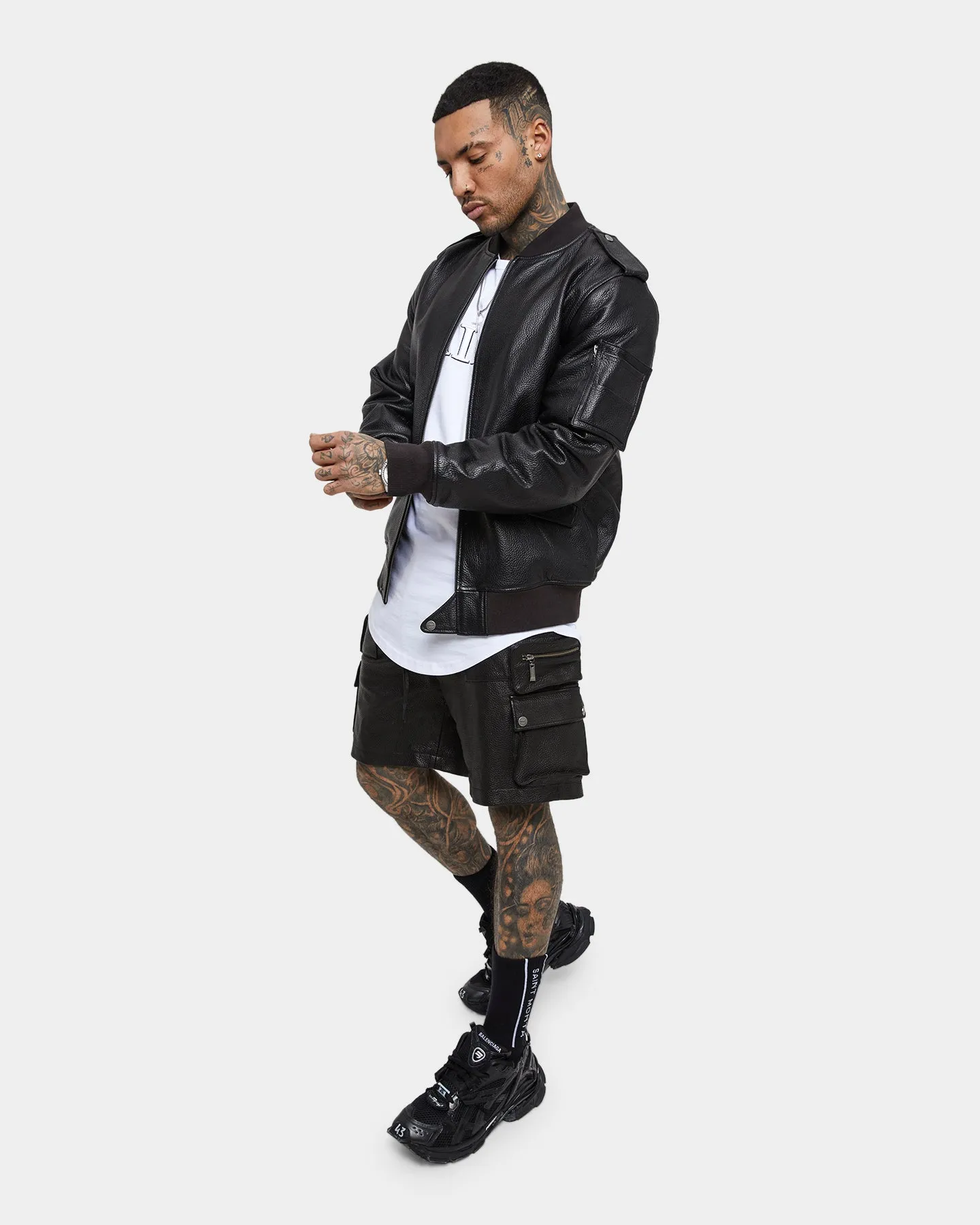 Saint Morta Leather Cargo Shorts Black