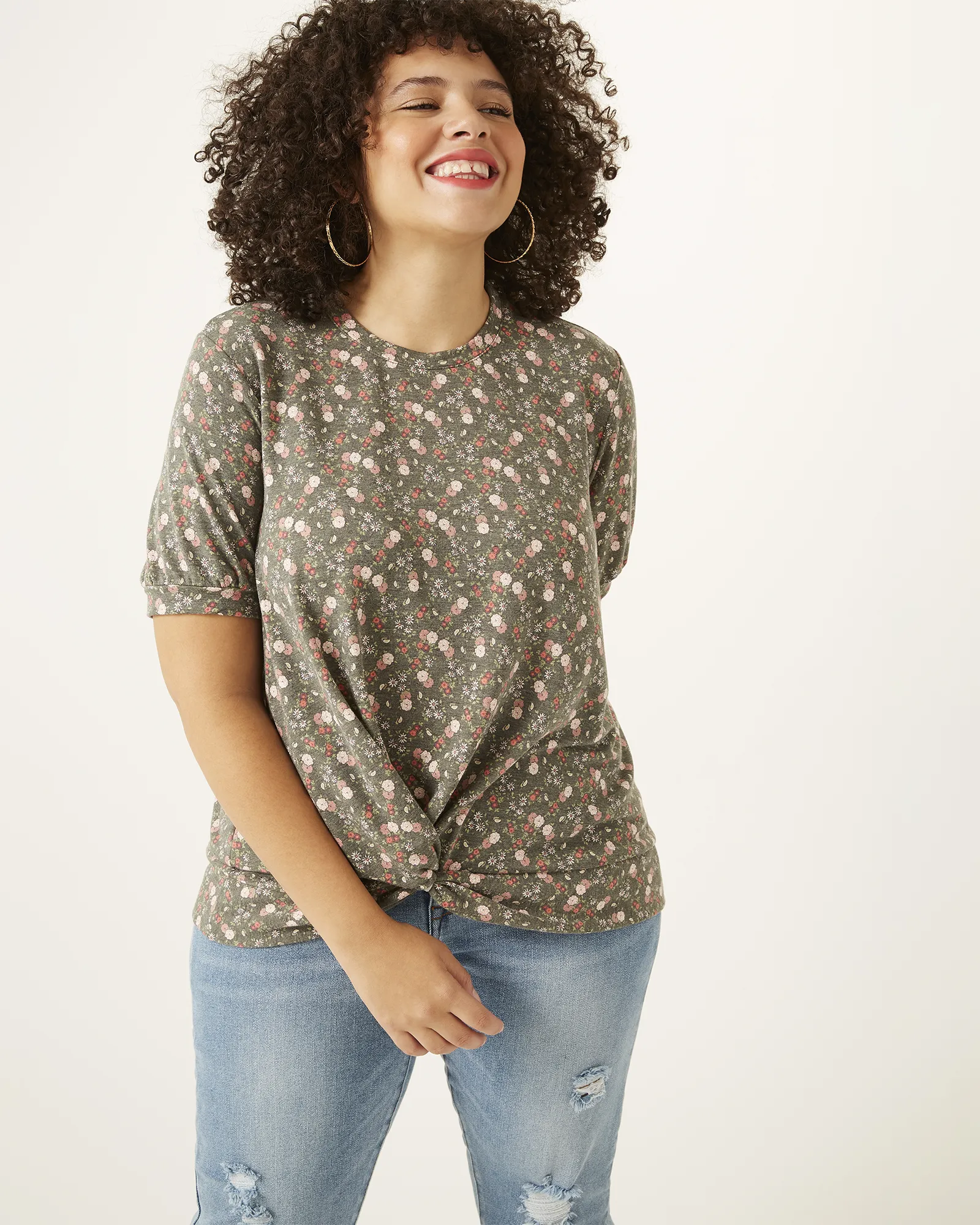 Thea Knotted-Hem Printed Tee | Olive Green / Peach