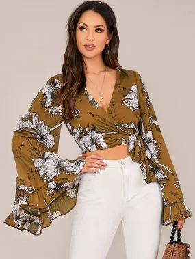 Trumpet Sleeve Wrap Knotted Floral Print Top