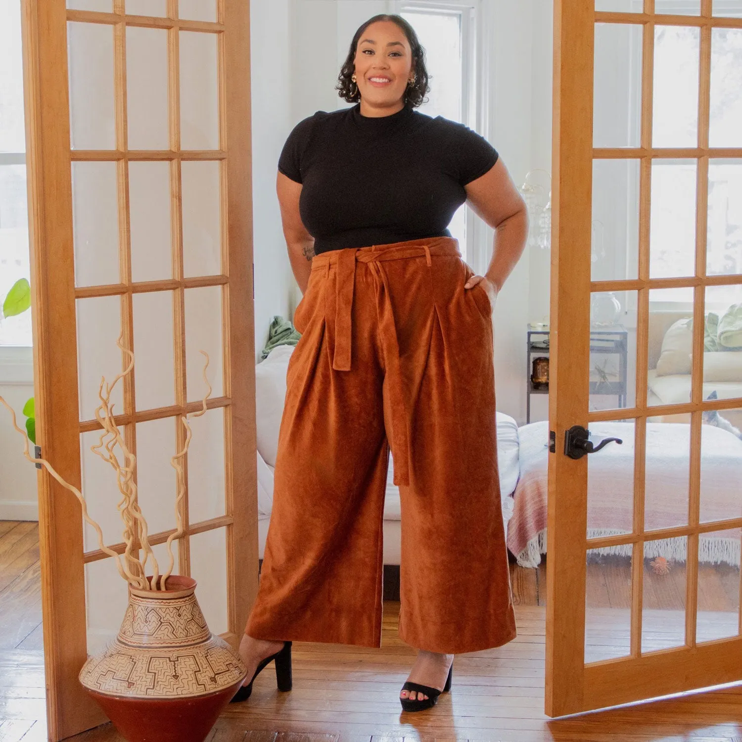 Wide Leg Cord Tailored Trousers - Rust