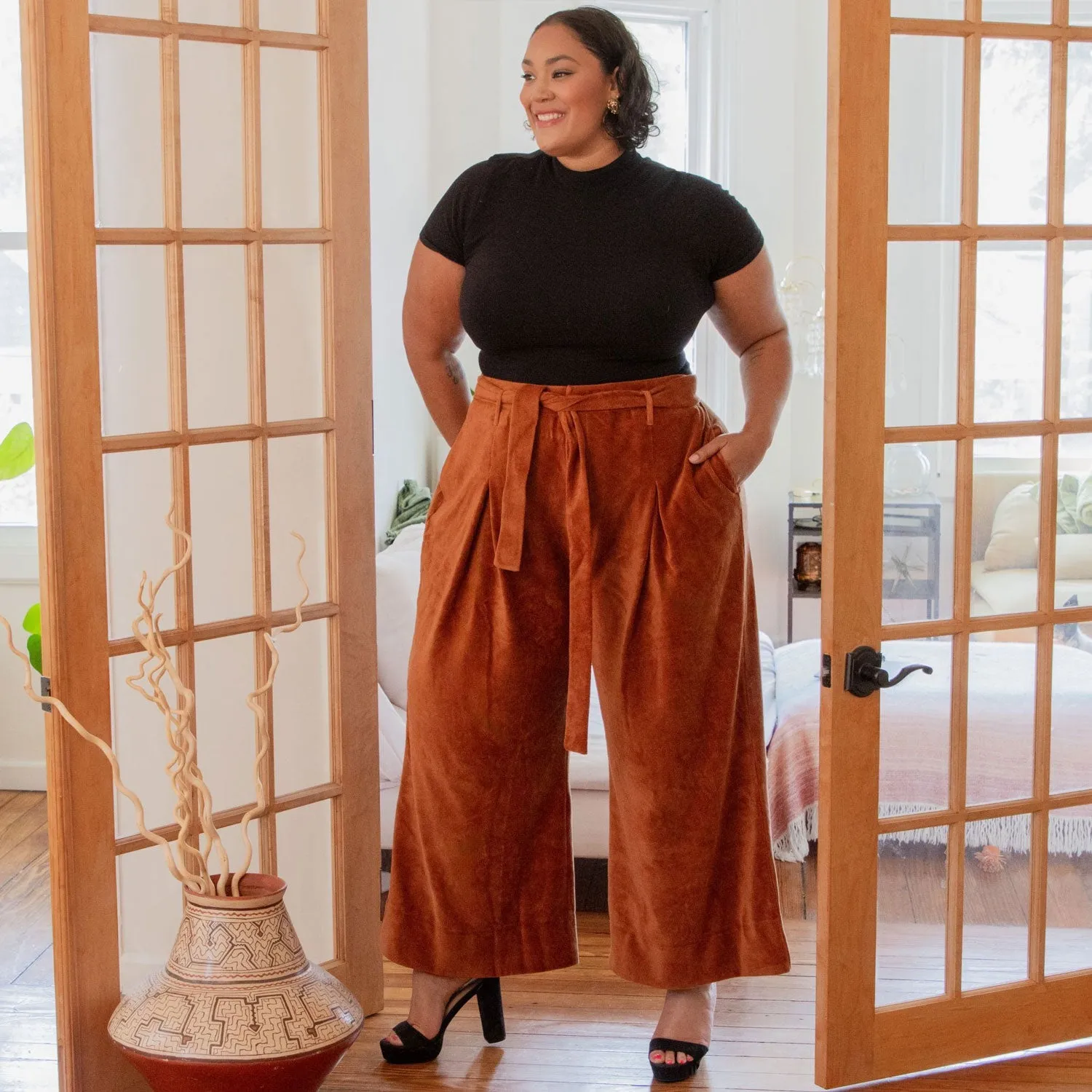 Wide Leg Cord Tailored Trousers - Rust