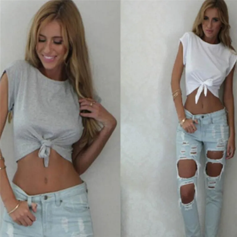 Women Knotted Tie Front Crop Tops Cropped T Shirt