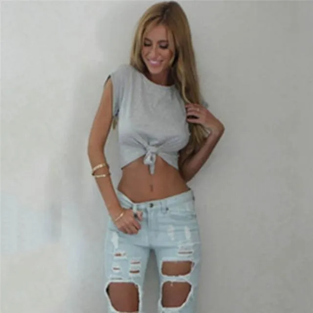 Women Knotted Tie Front Crop Tops Cropped T Shirt