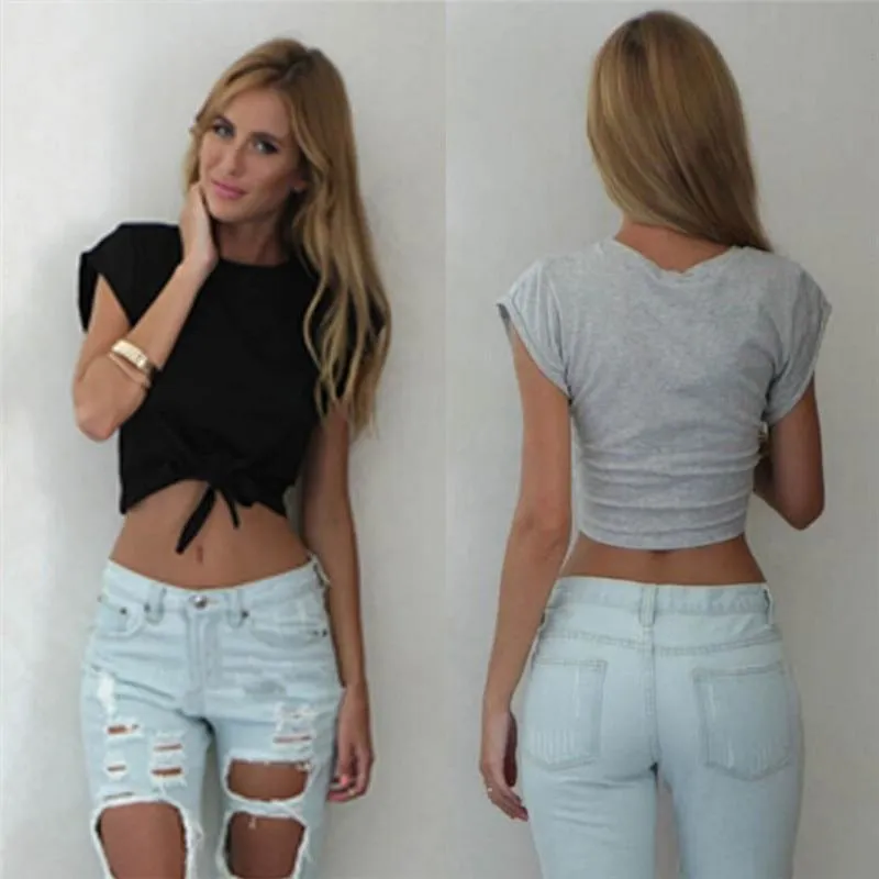 Women Knotted Tie Front Crop Tops Cropped T Shirt