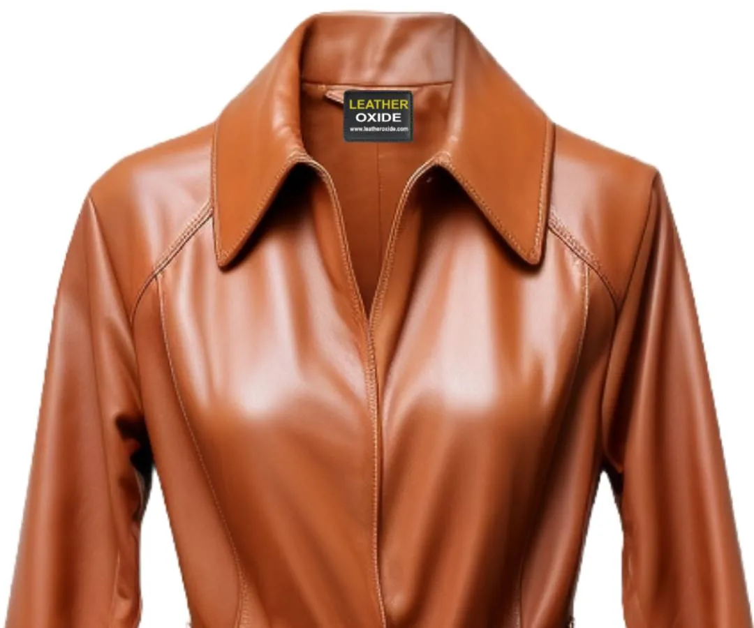 Women Leather Coat - Tan Brown Long Leather Coat