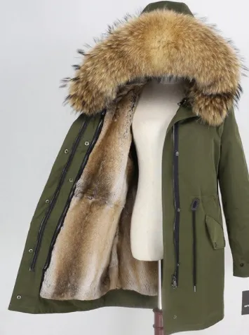 Women's Fur Lined Waterproof Long Parka in Army Green