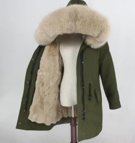 Women's Fur Lined Waterproof Long Parka in Army Green